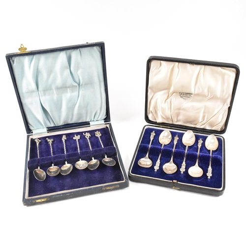 158 - An early 20th century cased set of Apostle spoons and late 19th century cased set of souvenir spoons... 