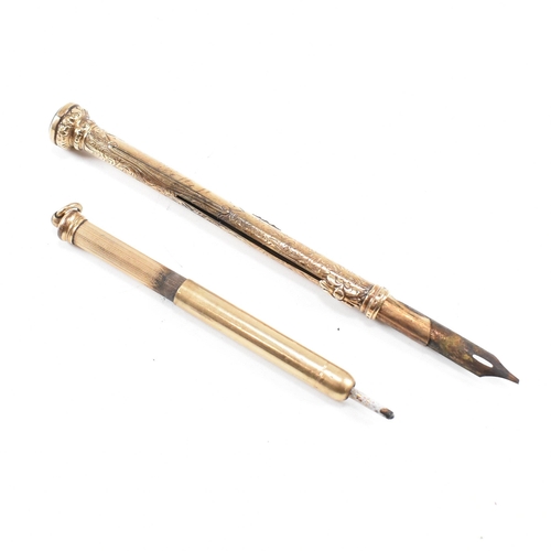 159 - Two gold plated propelling pencils. A gold plated dual propelling pencil and pen with bloodstone fin... 