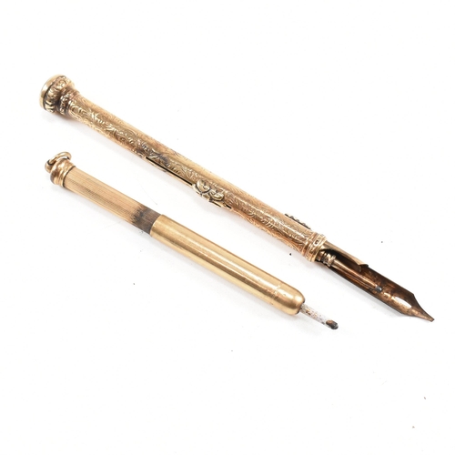 159 - Two gold plated propelling pencils. A gold plated dual propelling pencil and pen with bloodstone fin... 