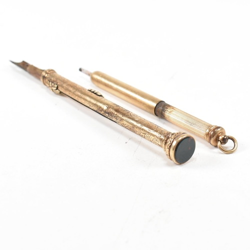 159 - Two gold plated propelling pencils. A gold plated dual propelling pencil and pen with bloodstone fin... 