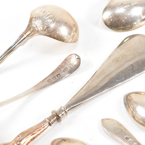 173 - A collection of various hallmarked silver spoons and a shoe horn. The spoons to include aÿGeorge III... 