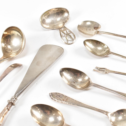 173 - A collection of various hallmarked silver spoons and a shoe horn. The spoons to include aÿGeorge III... 