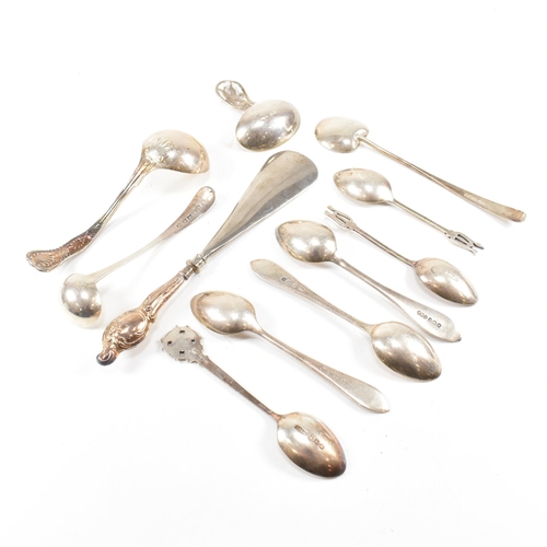 173 - A collection of various hallmarked silver spoons and a shoe horn. The spoons to include aÿGeorge III... 