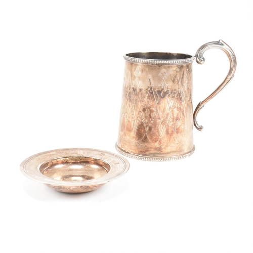 29 - A Victorian hallmarked silver tankard and later dish. The Victorian tankard having a beaded border r... 