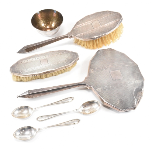 65 - Art Deco hallmarked silver three piece dressing set with silver bowl and spoons. The George V dressi... 