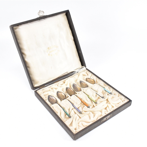 68 - A cased set of six Norwegian 930 Silver and enamel tea spoons. The AF set comprising of six tea spoo... 