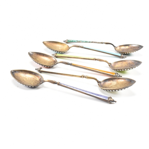 68 - A cased set of six Norwegian 930 Silver and enamel tea spoons. The AF set comprising of six tea spoo... 