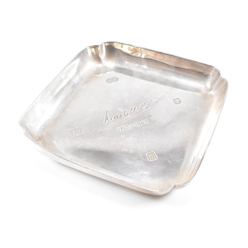 98 - A mid-century hallmarked silver ashtray. The ashtray or trinket dish being ofÿ square form with insc... 