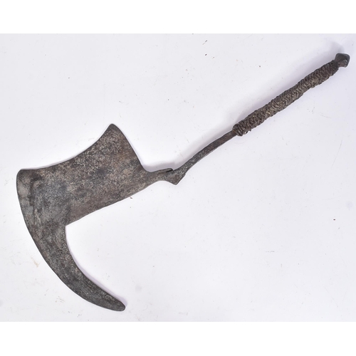 118 - An early 20th Century Kirdi People ( Cameroon ) axe. Stylized iron head with a woven leather grip. M... 