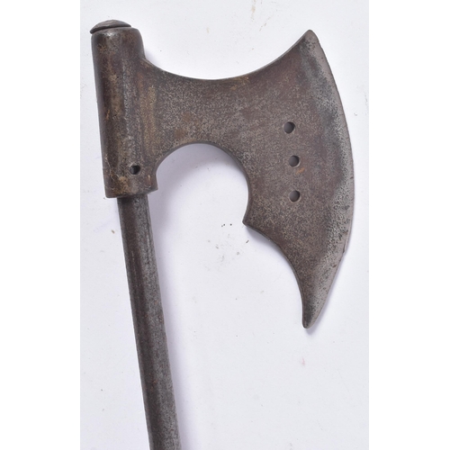 189 - An early 20th Century Indian Cavalry Axe / Tabar. The crescent shaped axe head with x3 pierced holes... 