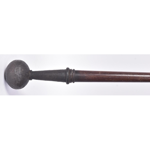 195 - An early 19th Century British Navy polearm. Turned wooden shaft with a weighted bulbous end and a sp... 