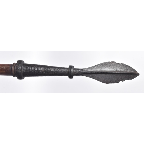 195 - An early 19th Century British Navy polearm. Turned wooden shaft with a weighted bulbous end and a sp... 