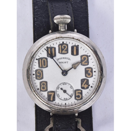 2 - A WWI First World War period trench warfare Ingersoll made wrist watch. Arabic numerals, cathedral h... 