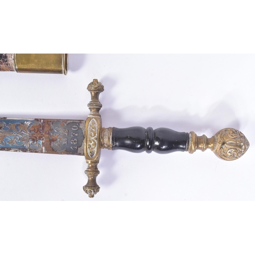 259 - A 19th Century Spanish dagger with Toledo blade. Dome shaped brass pommel with scrolling motifs, bla... 