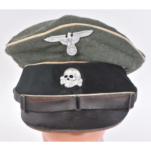 290 - A WWII Second World War Third Reich Nazi German Waffen SS NCO's visor cap. Khaki fabric with white p... 