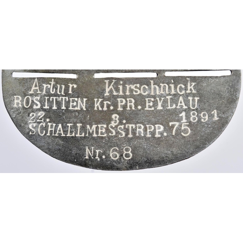 298 - A WWI First World War Imperial German / Prussian Army soldiers dog tag. Oval shape with Top and bott... 