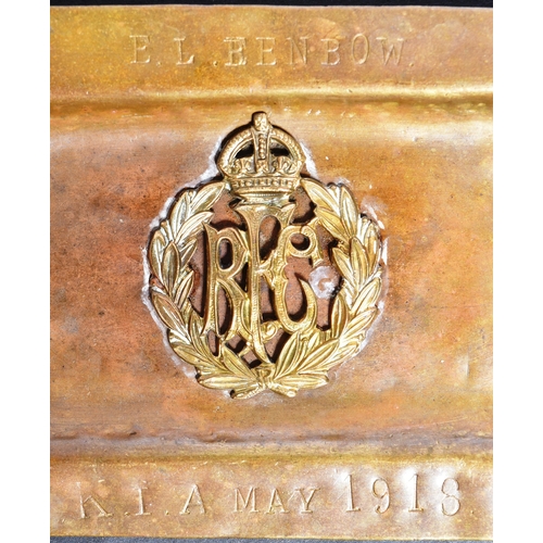 323 - A WWI First World War interest RFC Royal Flying Corps brass ashtray engraved to one E. L Benbow KIA ... 