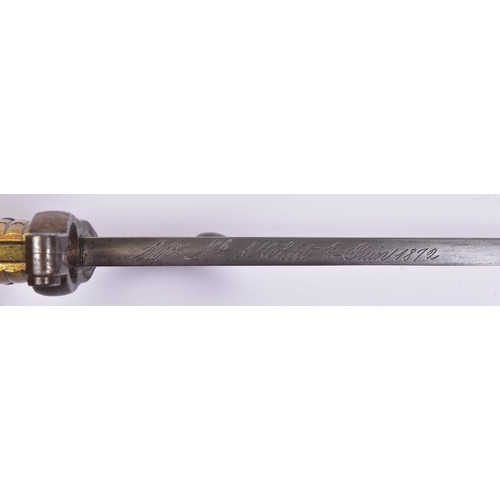 329 - A 19th Century French 1866 pattern ' Chassepot ' rifle bayonet. The bayonet having ribbed brass hilt... 