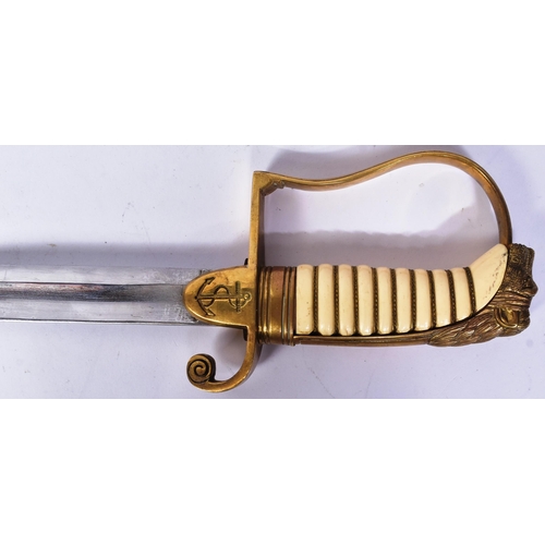 332 - A 20th Century replica of a British 1805 pattern naval officers sword. Brass Lions head pommel with ... 