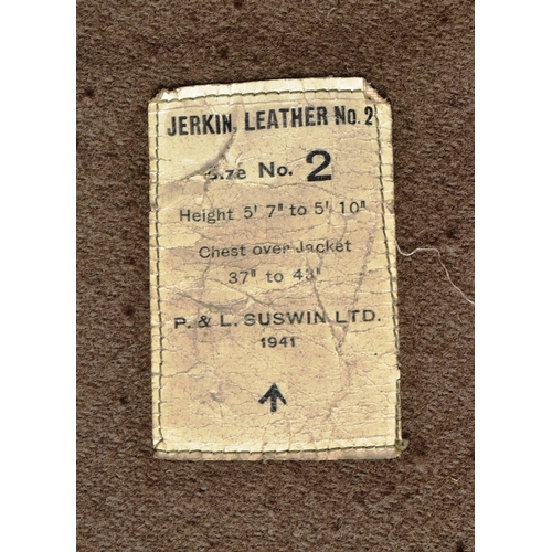 75 - A WWII Second World War British Army brown leather jerkin. The single-breasted, four-buttoned, sleev... 