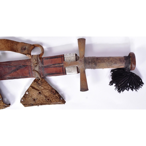 98 - A mid 20th Century North African Tuareg / Hausa people Takoba tribal sword. Flat wooden pommel, meta... 