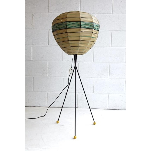 108 - A vintage mid 20th century 1950s tripod floor standing lamp light. The lamp having spun plastic shad... 