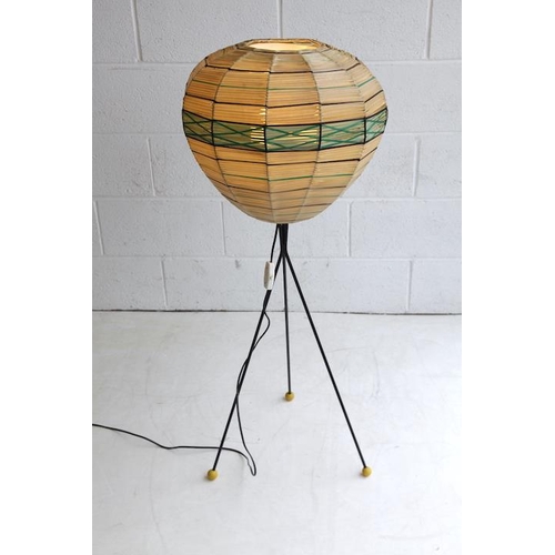 108 - A vintage mid 20th century 1950s tripod floor standing lamp light. The lamp having spun plastic shad... 