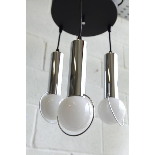 131 - A retro 20th century 1970s chrome hanging ceiling light. The light having a circular ceiling mount w... 