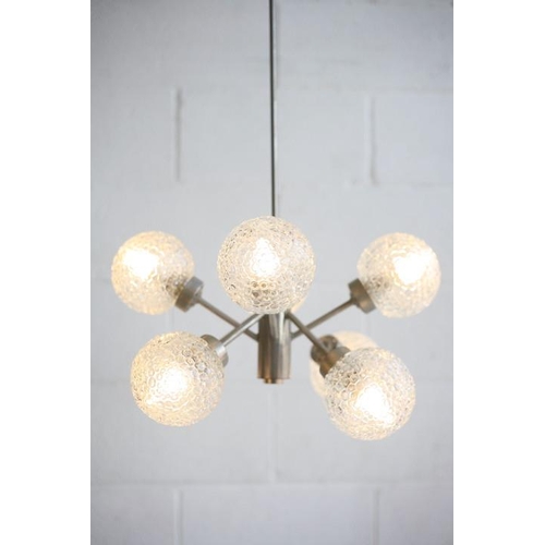 136 - A retro 20th century 1970s designer hanging ceiling light. The light having an aluminium frame and e... 