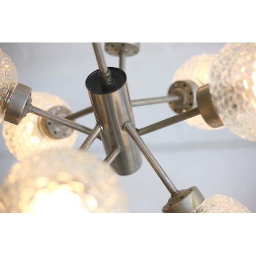 136 - A retro 20th century 1970s designer hanging ceiling light. The light having an aluminium frame and e... 