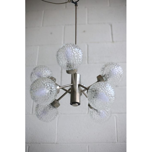 136 - A retro 20th century 1970s designer hanging ceiling light. The light having an aluminium frame and e... 