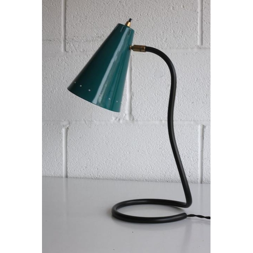 164 - A retro 20th century 1950s French designer desk / table lamp light. The lamp having a conical dark g... 