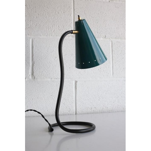 164 - A retro 20th century 1950s French designer desk / table lamp light. The lamp having a conical dark g... 