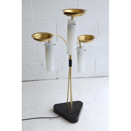 205 - A retro 20th century 1960s Italian triple glass floor standing lamp light. The lamp having three gol... 