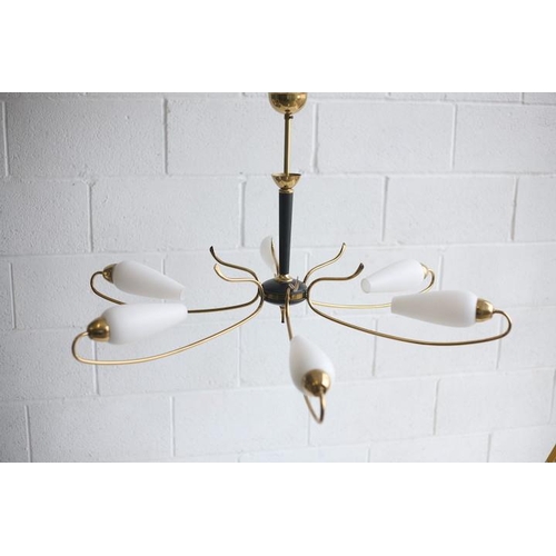 276 - A mid century 1950s Italian designer metal and brass hanging ceiling light. The light having a centr... 