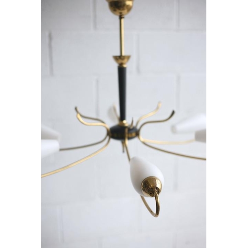 276 - A mid century 1950s Italian designer metal and brass hanging ceiling light. The light having a centr... 