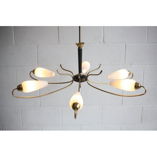 276 - A mid century 1950s Italian designer metal and brass hanging ceiling light. The light having a centr... 