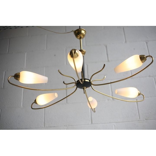 276 - A mid century 1950s Italian designer metal and brass hanging ceiling light. The light having a centr... 