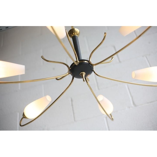 276 - A mid century 1950s Italian designer metal and brass hanging ceiling light. The light having a centr... 