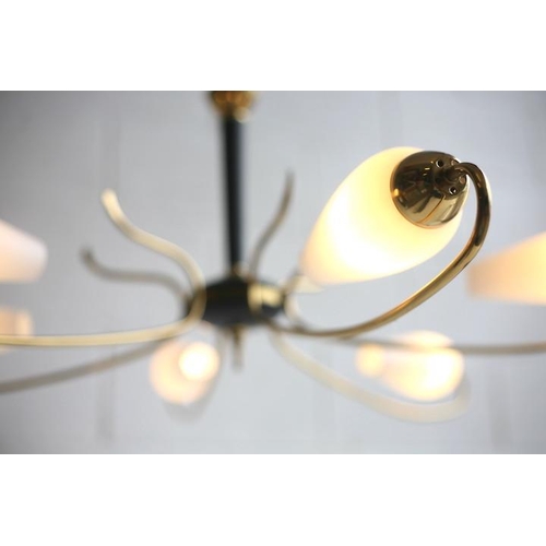 276 - A mid century 1950s Italian designer metal and brass hanging ceiling light. The light having a centr... 