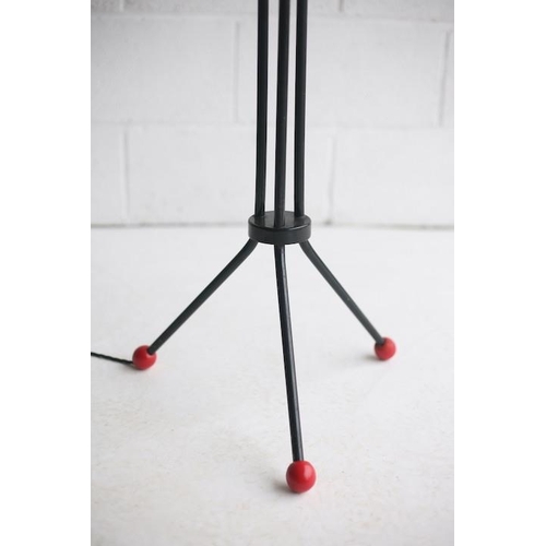 282 - A retro mid century 1950s atomic tripod floor standing lamp light. The lamp having a new black barre... 