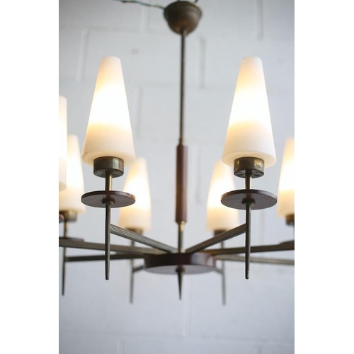 31 - Maison Lunel - A retro 20th century 1950s French eight branch hanging teak and brass ceiling light. ... 