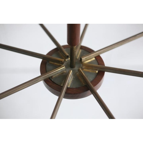 31 - Maison Lunel - A retro 20th century 1950s French eight branch hanging teak and brass ceiling light. ... 