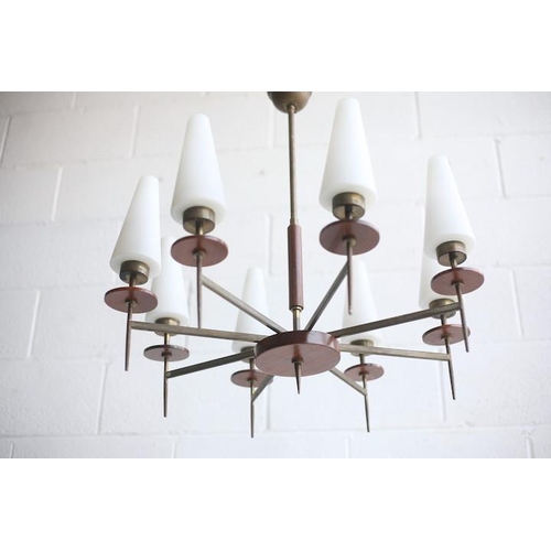 31 - Maison Lunel - A retro 20th century 1950s French eight branch hanging teak and brass ceiling light. ... 