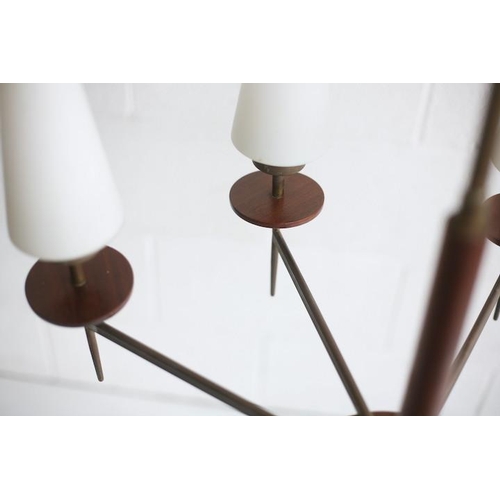 31 - Maison Lunel - A retro 20th century 1950s French eight branch hanging teak and brass ceiling light. ... 