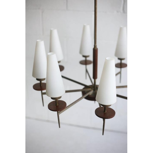 31 - Maison Lunel - A retro 20th century 1950s French eight branch hanging teak and brass ceiling light. ... 