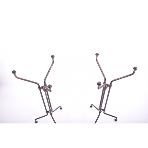 407 - A pair of mid 20th century vintage glass & wrought iron hat stand haberdashery tables. Each table fo... 