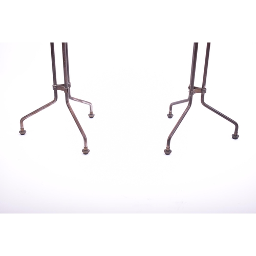 407 - A pair of mid 20th century vintage glass & wrought iron hat stand haberdashery tables. Each table fo... 