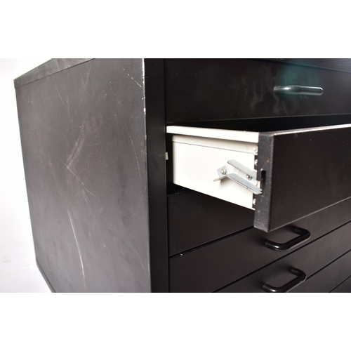 443 - A large contemporary black painted metal plan chest filing cabinet. The chest cabinet having a strai... 