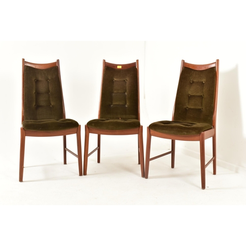 502 - A set of six Danish retro mid 20th century circa 1970s teak & velvet upholstered dining chairs. Each... 